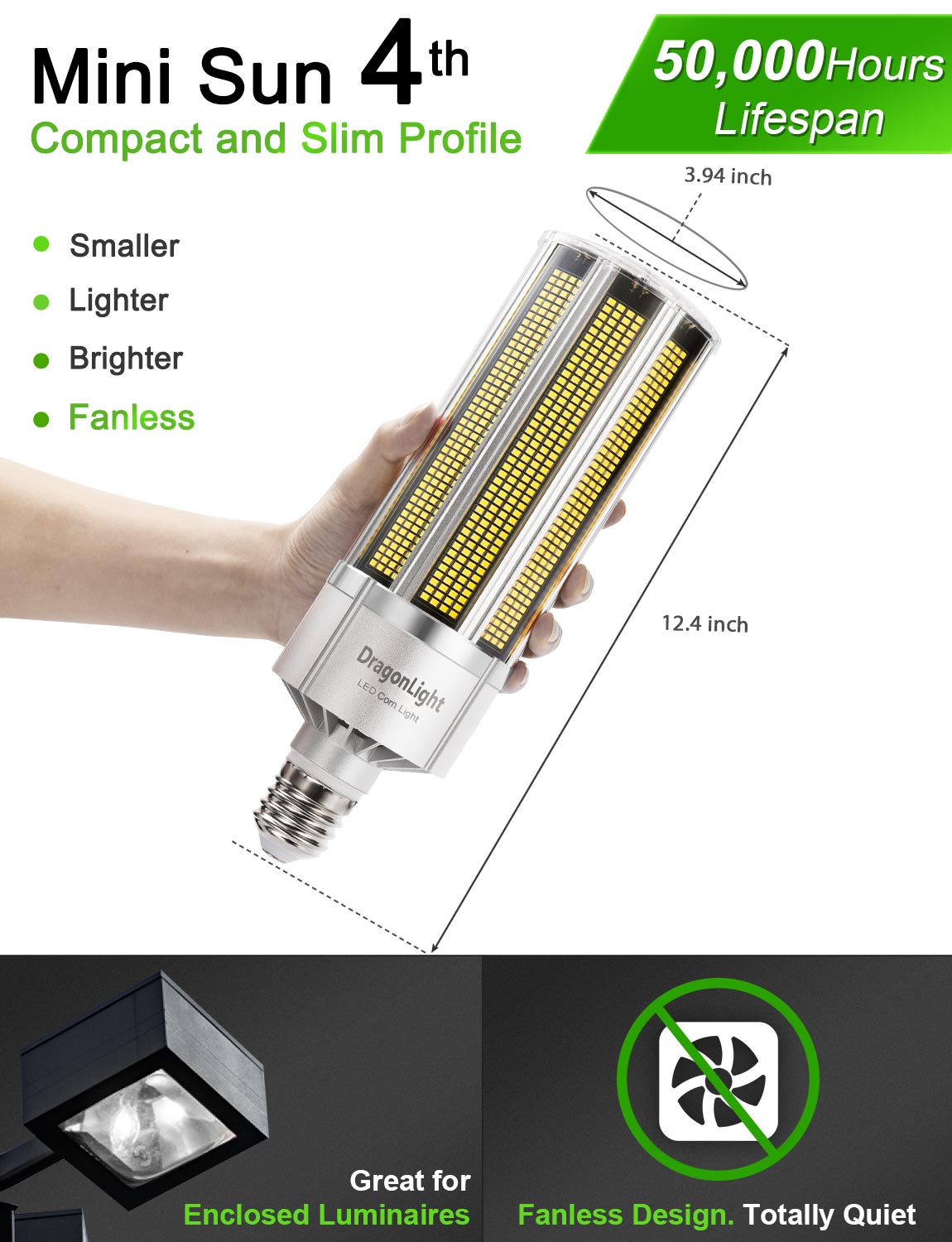 Verbesserte 240-W-LED-Maiskolbenlampe in Gewerbequalität, lüfterlos, 5000 K Tageslicht, E39-Sockel, 32.400 lm – UL-gelistet
