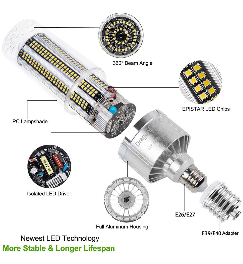 DragonLight 80W Commercial Grade LED Corn Bulb 3000K Warm White E26/E39 Base 9,600LM - UL Listed