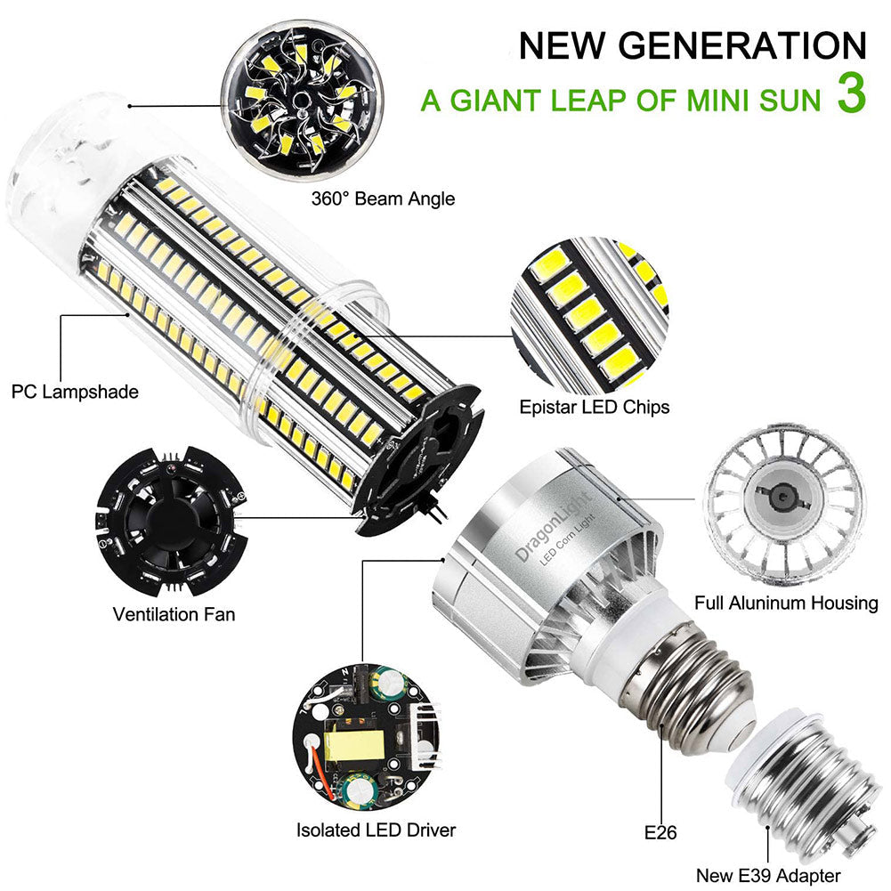 DragonLight 60W LED Corn Bulb 6000K Daylight E26/E39 Base 7,200LM - UL Listed