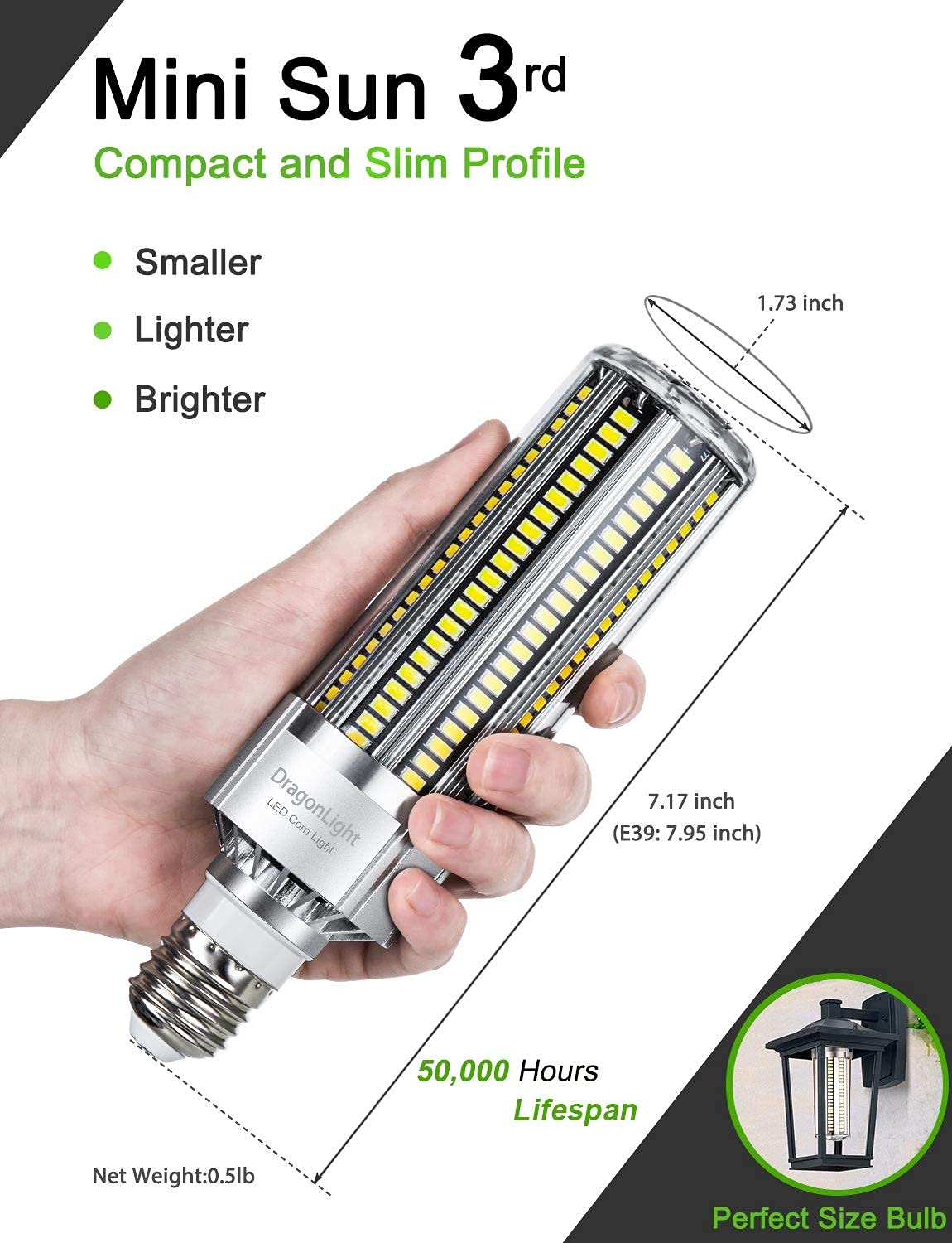DragonLight 60W LED Corn Bulb 6000K Daylight E26/E39 Base 7,200LM - UL Listed