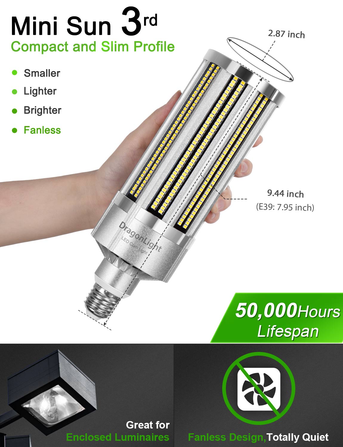 DragonLight 80W Commercial Grade LED Corn Bulb Fanless 5000K Daylight E26/E39 Base 9,600LM - UL Listed
