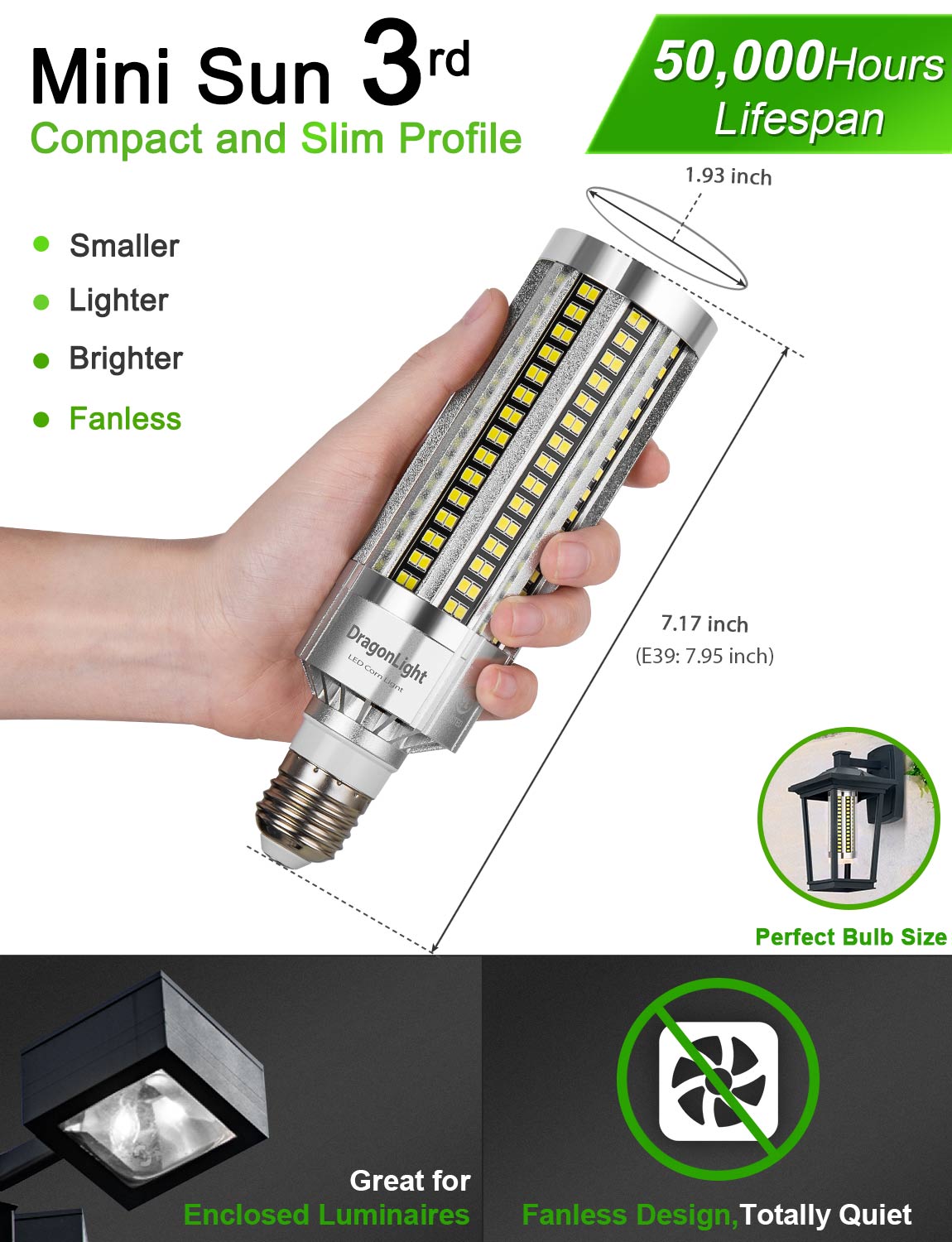 DragonLight 60W LED-Maiskolbenlampe, lüfterlos, 6000K Tageslicht, E26/E39-Sockel, 7200LM - UL-gelistet