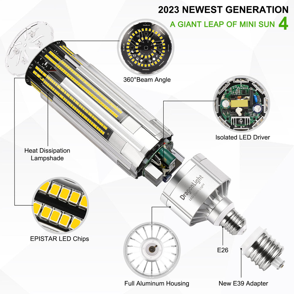 2025 Upgraded 120W Commercial Grade LED Corn Bulb Fanless 5000K Daylight E26/E39 Base 14,400LM - UL Listed