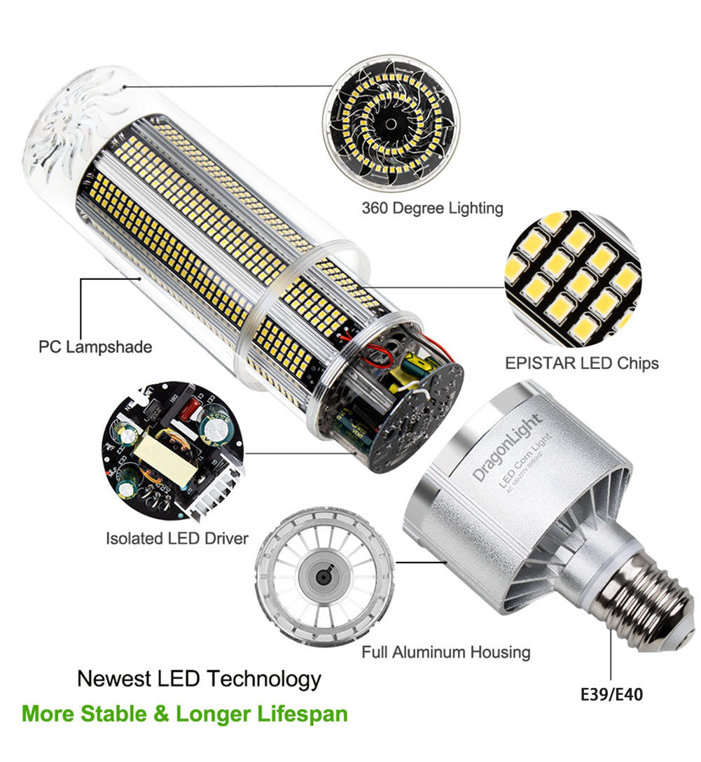 DragonLight 200W Commercial Grade LED Corn Bulb 5000K Daylight E39 Base 27,000LM - UL Listed