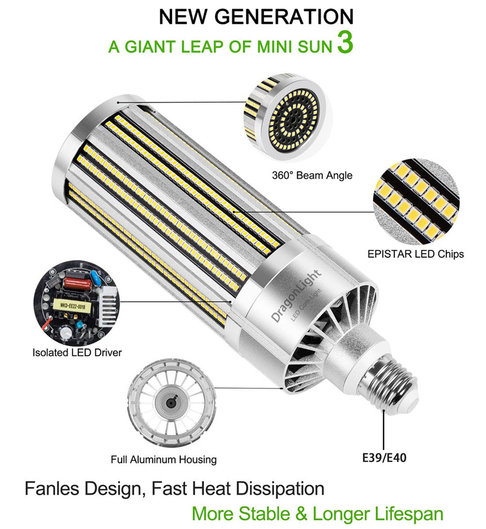 DragonLight 240W Commercial Grade LED Corn Bulb Fanless 3000K Warm White E39 Base 32,400LM - UL Listed