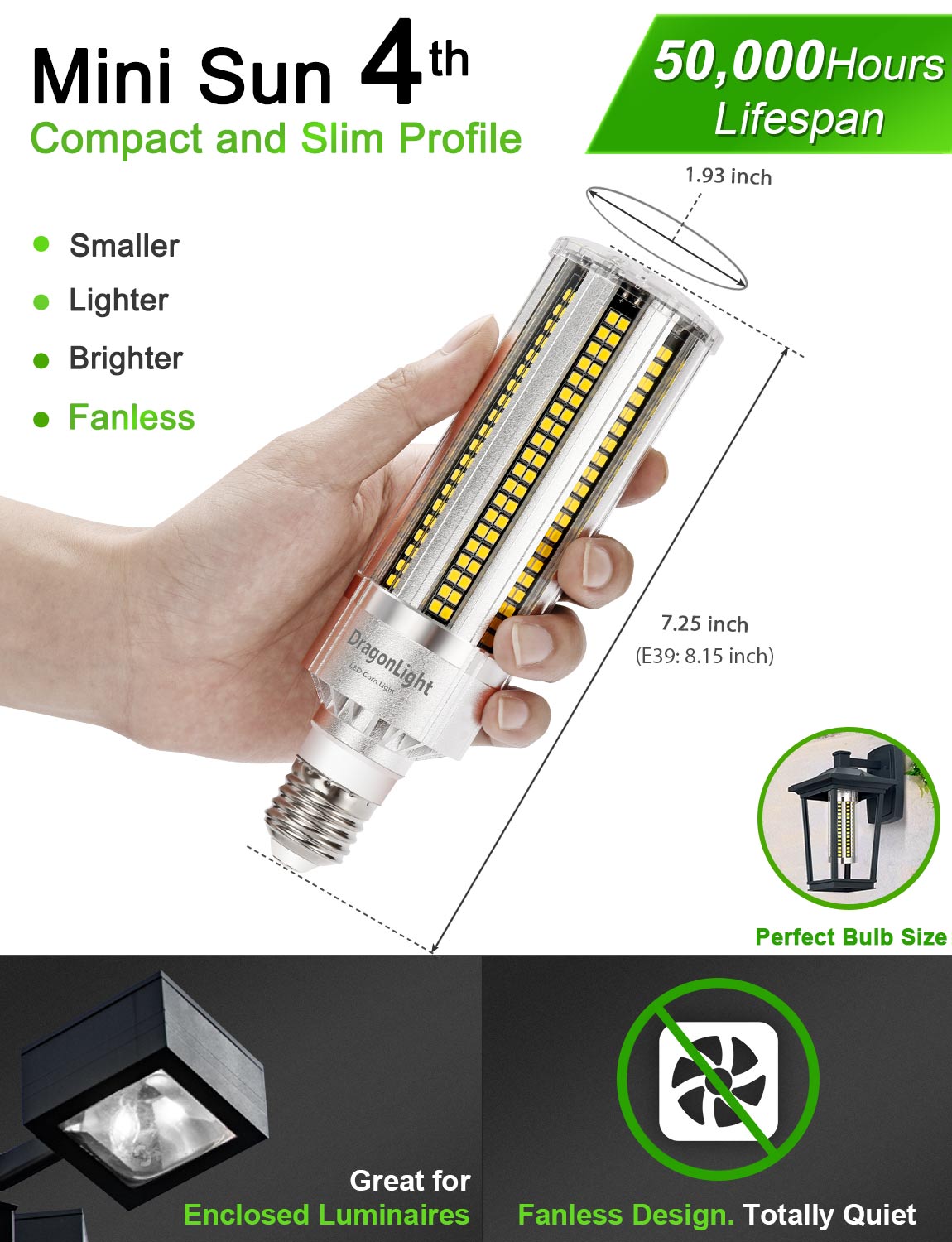 2023 Upgraded 60W LED Corn Bulb Fanless 6000K Daylight E26/E39 Base 7,200LM - UL Listed