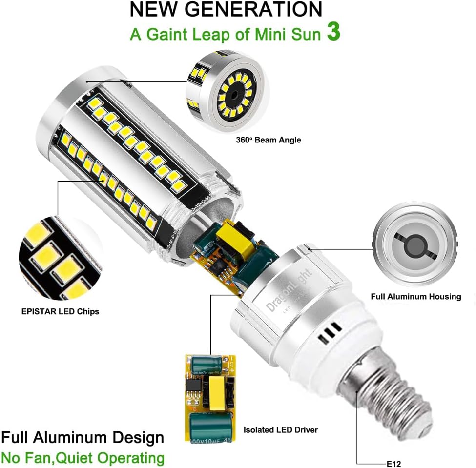 DragonLight 15W LED Corn Bulbs Fanless 6000K Daylight E12 Base 1800LM [Pack of 4] - UL listed
