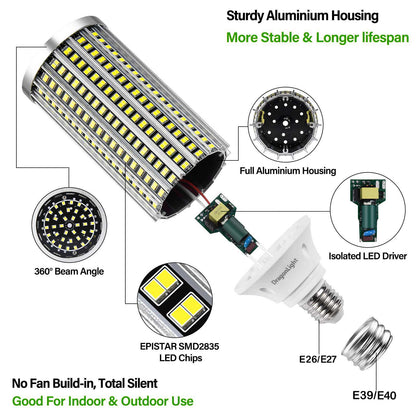 DragonLight 60W LED Corn Bulbs 3000K Warm White E26/E39 Base 7,200LM [Twin Value Pack]