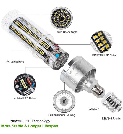 DragonLight 120W Commercial Grade LED Corn Bulb 5000K Daylight E26/E39 Base 14,400LM - UL Listed