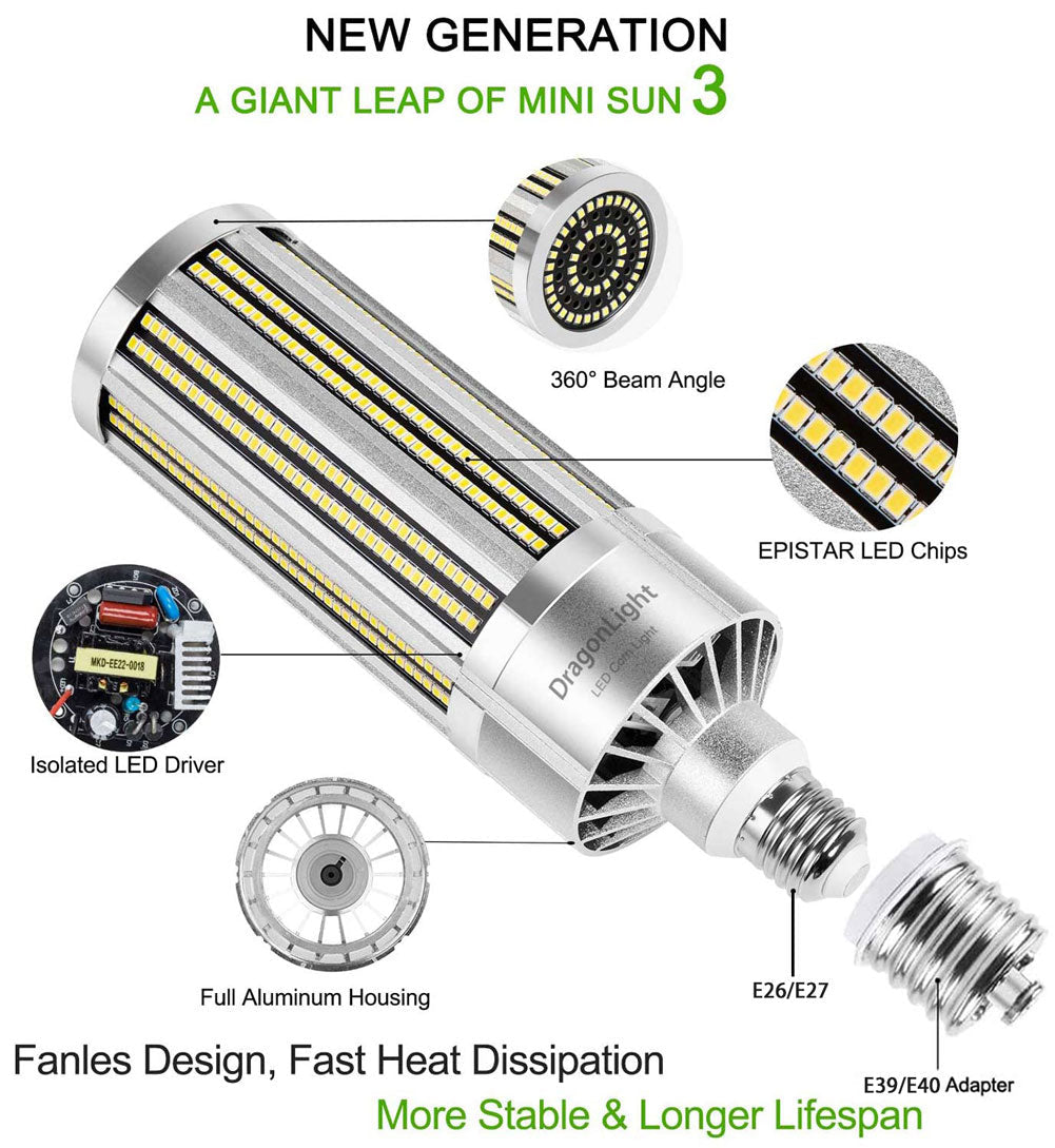 DragonLight 100W Commercial Grade LED Corn Bulb Fanless 5000K Daylight E26/E39 Base 12,000LM - UL Listed