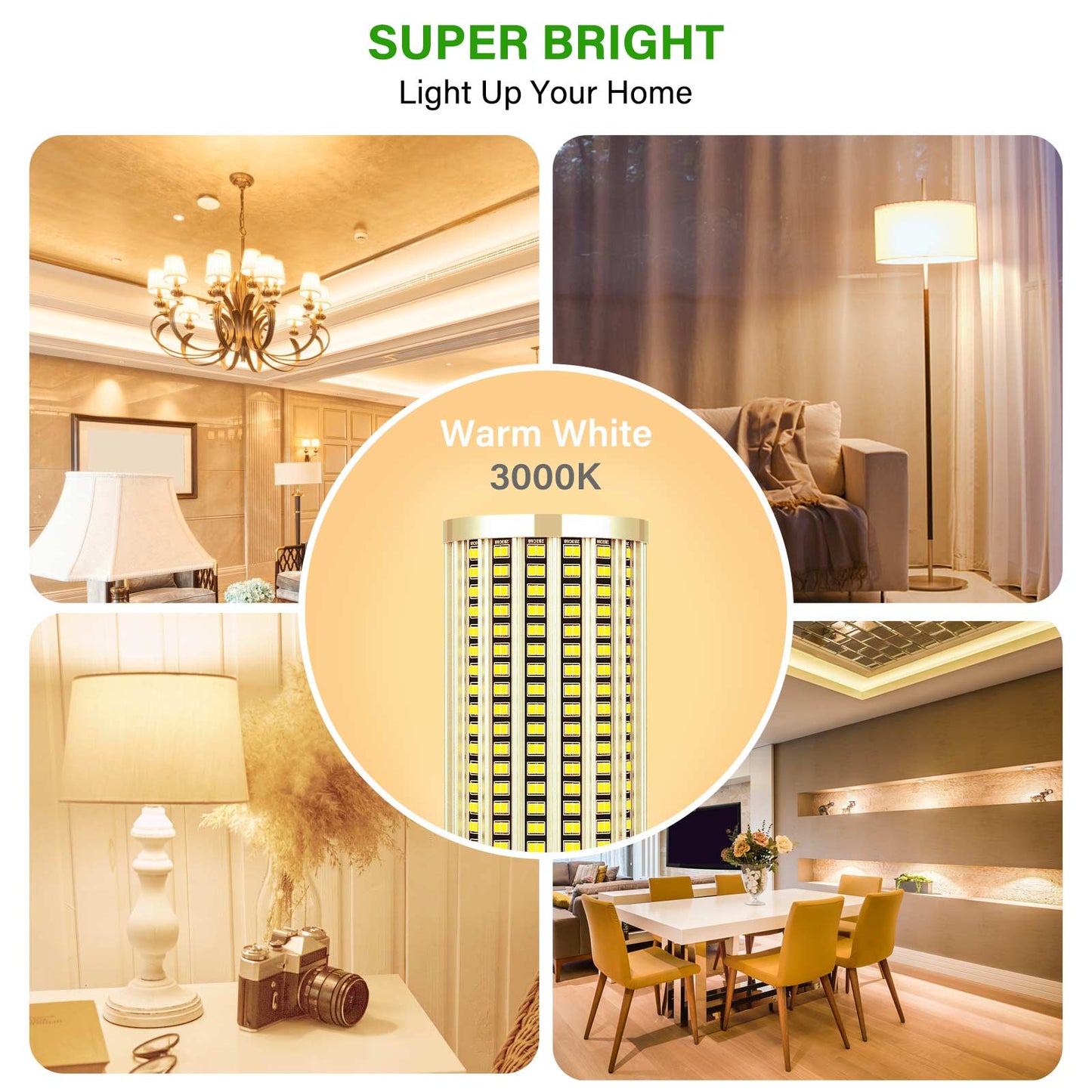 DragonLight 60W LED Corn Bulbs 3000K Warm White E26/E39 Base 7,200LM [Twin Value Pack]