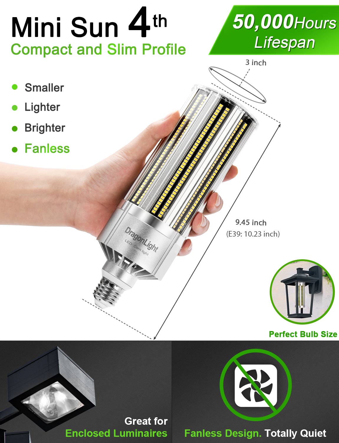 2025 Upgraded 120W Commercial Grade LED Corn Bulb Fanless 5000K Daylight E26/E39 Base 14,400LM - UL Listed