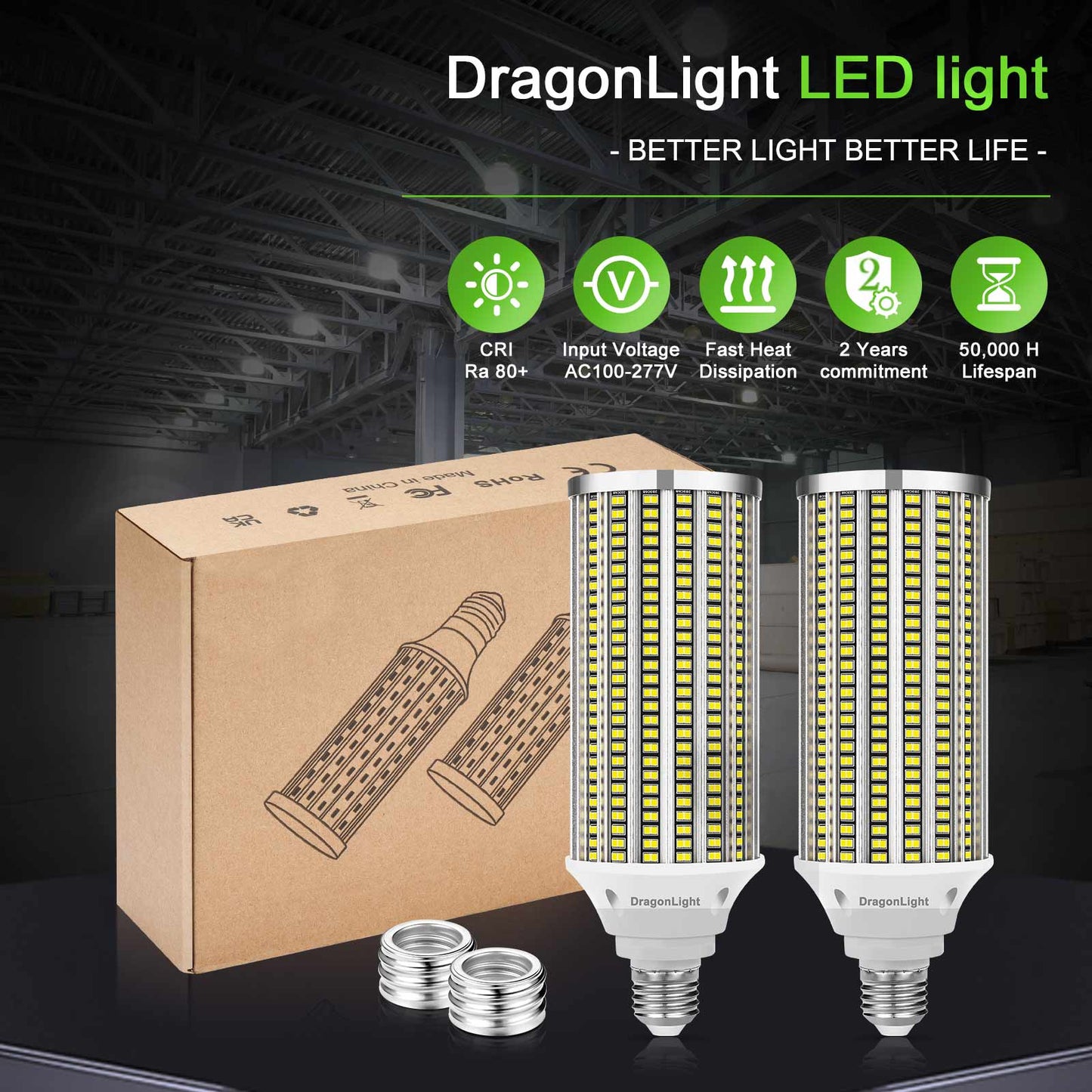 DragonLight 120W LED Corn Bulbs 5000K Daylight E26/E39 Base 14,400LM [Pack of 2]