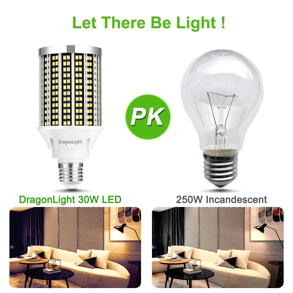DragonLight 30W LED Corn Bulbs 3000K Warm White E26 Base 3,600LM [Pack of 2]