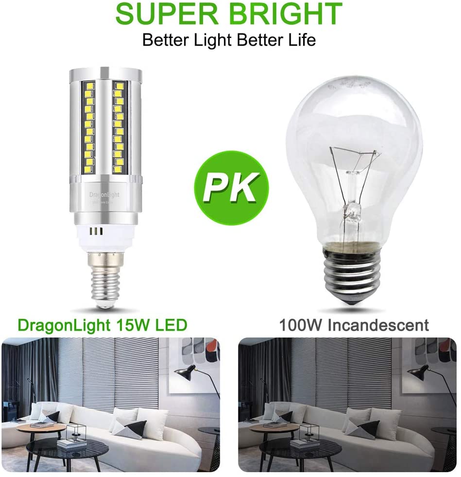 DragonLight 15W LED Corn Bulbs Fanless 6000K Daylight E12 Base 1800LM [Pack of 4] - UL listed