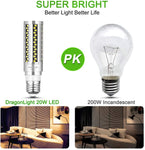 DragonLight 20W 3000K Warm White E26 Base Super Bright Corn LED Light Bulbs Fanless, Pack of 2 - UL Listed