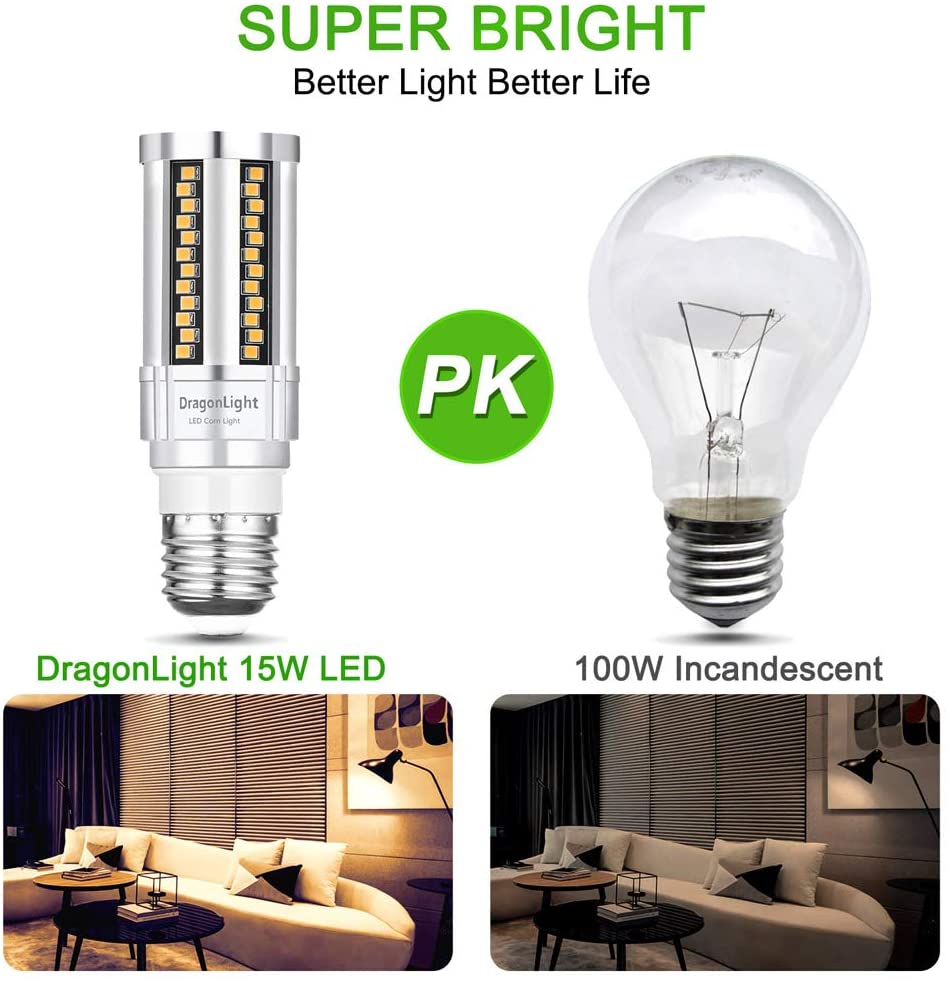 DragonLight 15W LED Corn Bulbs Fanless 3000K Warm White E26 Base 1800LM [Pack of 4] - UL listed