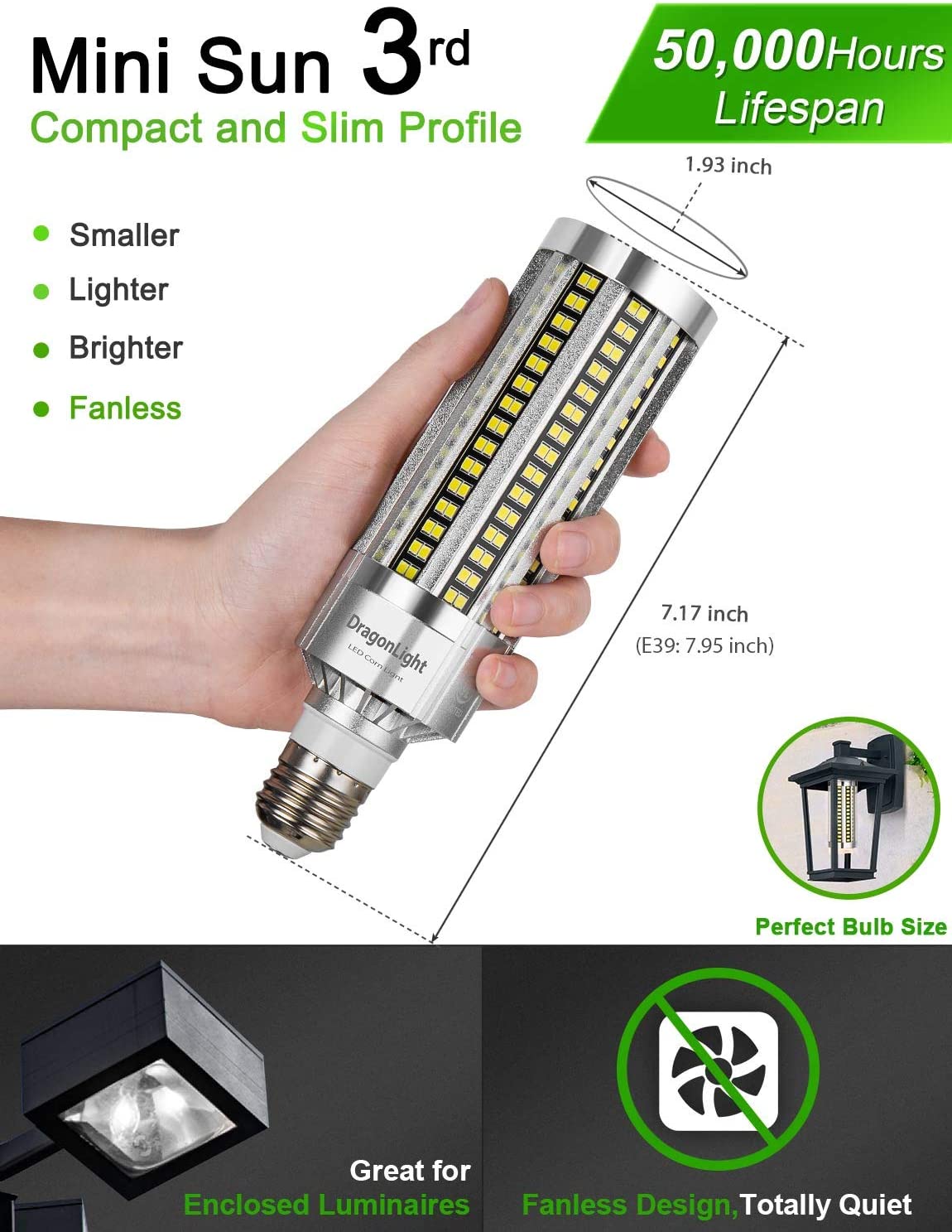 DragonLight 50W LED Corn Bulb Fanless 3000K Warm White E26/E39 Base 6,000LM - UL Listed