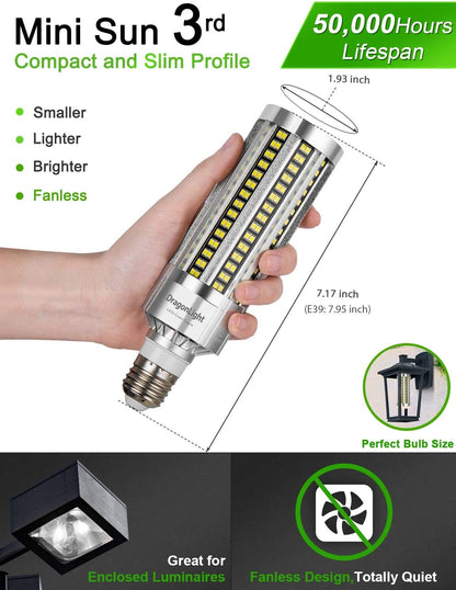 DragonLight 60W LED Corn Bulb Fanless 3000K Warm White E26/E39 Base 7,200LM for Street Lighting