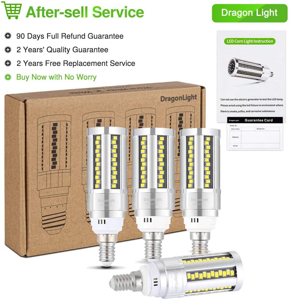 DragonLight 15W LED Corn Bulbs Fanless 6000K Daylight E12 Base 1800LM [Pack of 4] - UL listed